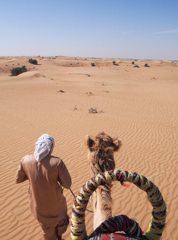 Riding a camel in the Arabian desert