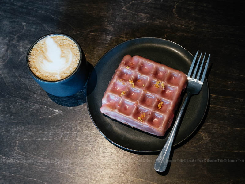 Flat white and glazed waffle donut at Prototype Coffee, Vancouver