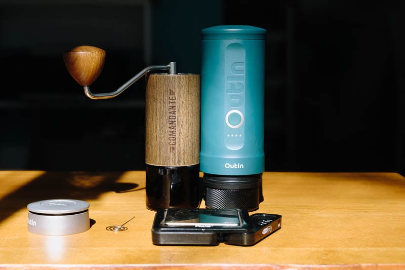 OutIn Nano portable espresso maker, Comandante C40 grinder, AWS Blade scale